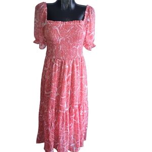 Patrons Of Peace Floral Print Smocked Short Puff Sleeve Maxi Dress M